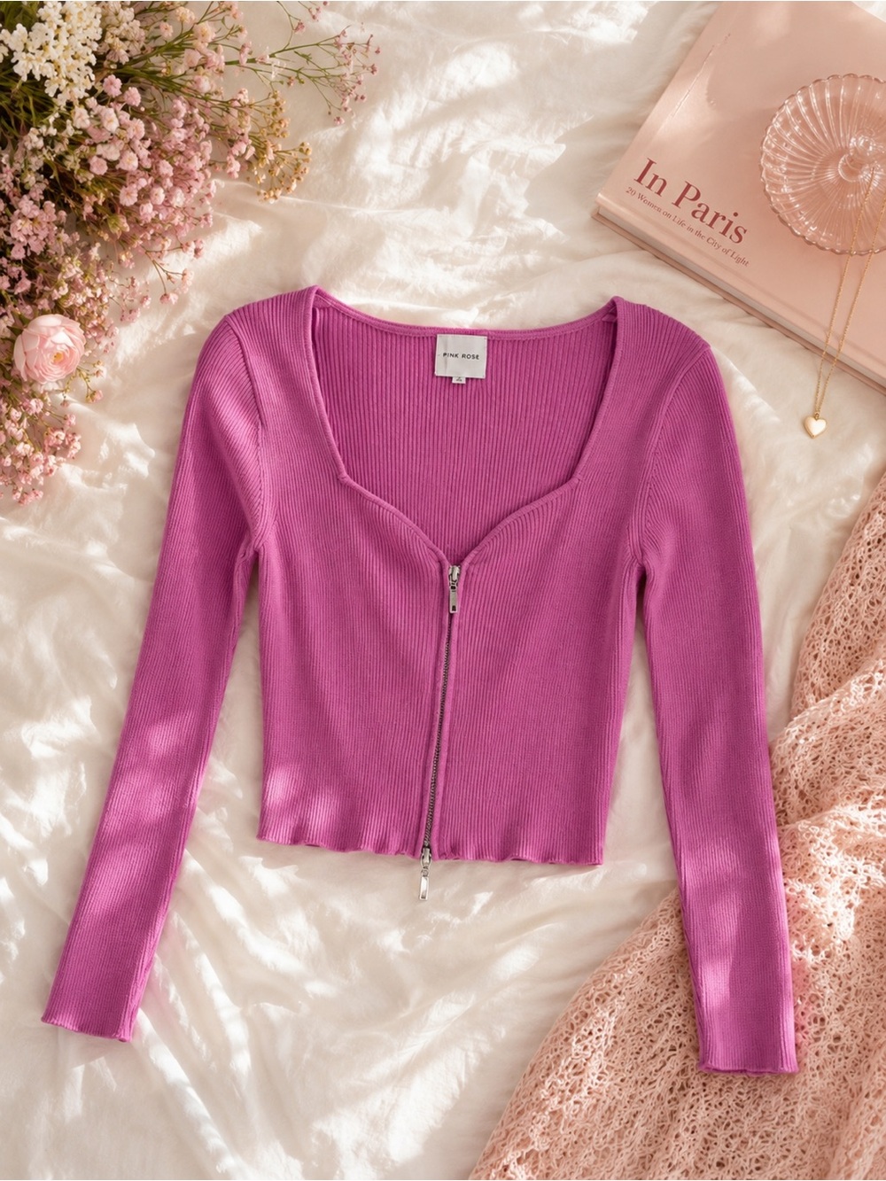 Pink Rose Ribbed Fuchsia Camisole with Zipper
